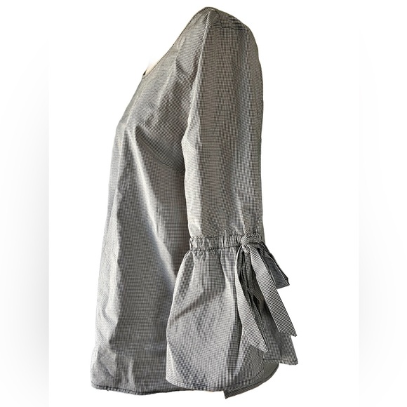 J. Crew Black & White Micro Gingham Blouse with Bow Tie Bell Sleeves Size Small - Picture 2 of 5